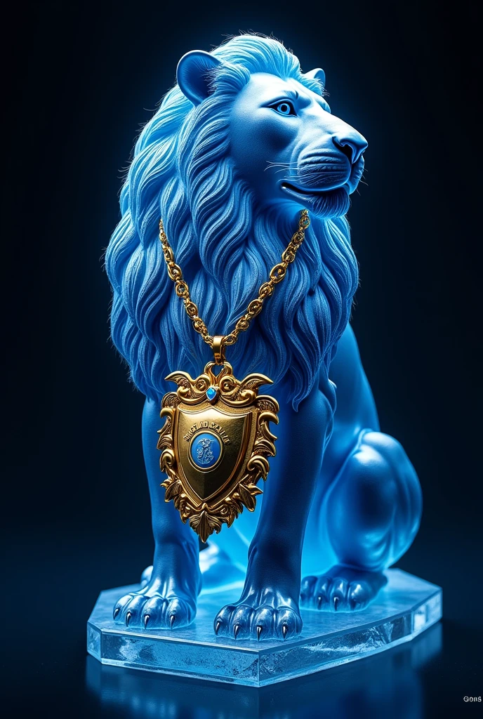 "Create a crystal-shaped image of a lion, with a predominant navy blue color, conveying the appearance of a precious crystal. The lion must be posed majestically, with a shield of the Belém do Pará Rowing Club hanging around his neck. The shield must be clearly visible and well integrated. Add a gold plated chain around the lion&#39;s neck, holding the shield. The chain should be detailed and look realistic., complementing the elegant and imposing appearance of the lion and shield."