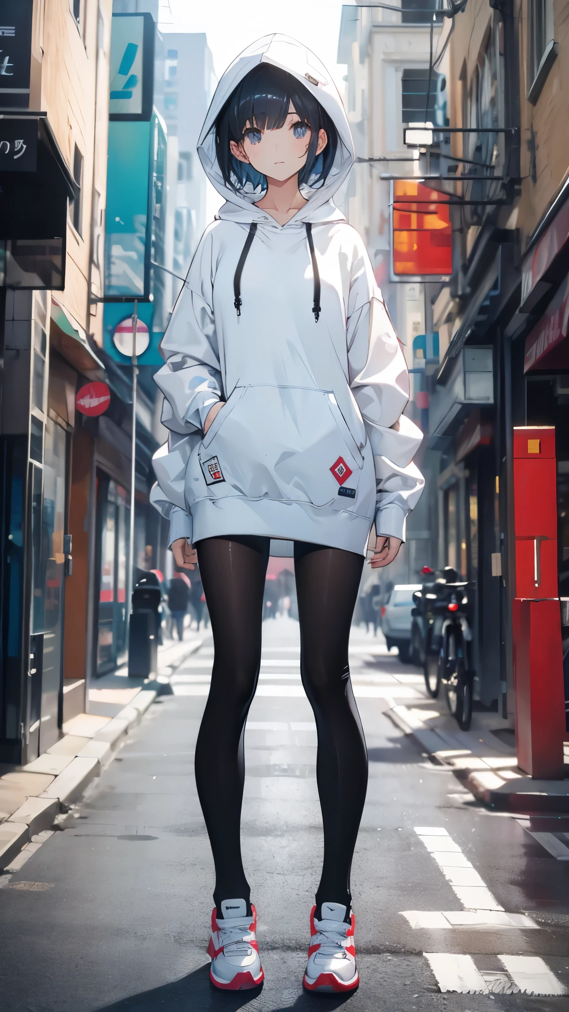 whole body,short hair,Standing picture,White hooded sweatshirt, Pantyhose