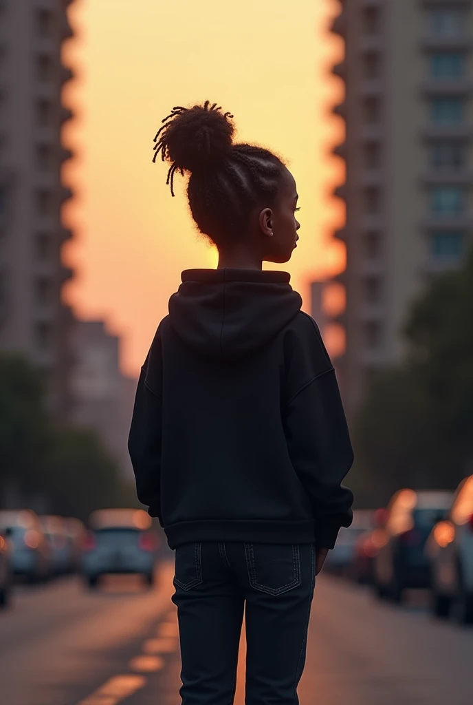 The back view of a sub-saharan girl, 1.5 meters tall, with her natural hair plaited in twists and tied in one messy bun. She is dressed in a black hoodie, black jeans and black Snickers. Her hands are in her pockets. She's standing by the roadside looking up at a tall building opposite her. The building is tainted at it's top by the rays of a setting but not visible sun in the background. It is dusk. Her face is not visible in any way.
