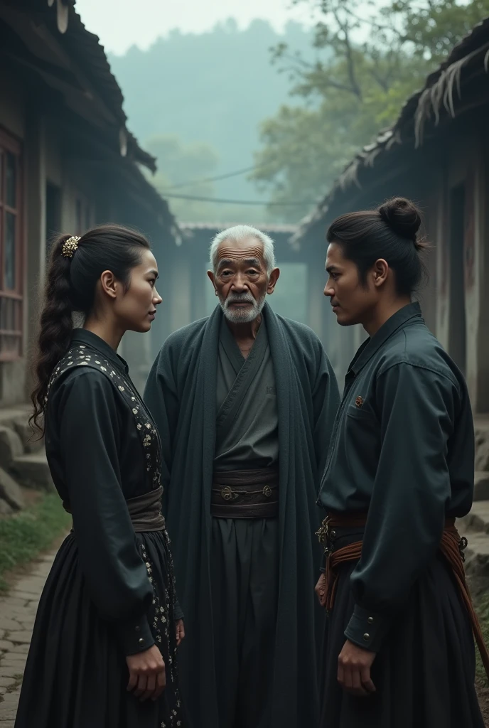 Two brave people's 18+ girl and boy stand front the old man wear old type dress in village background black and dark