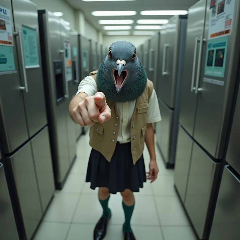 ((Highest quality)), ((masterpiece)), (Pointing his finger towards me), (birds-eye view:2), (wide shot), (Grass ground), 怒りの表情で口を開けたGray female pigeonがオフホワイトで襟付きのshort-sleeved shirtに薄茶色のベストを着てひざ丈の黒いスカートに濃い緑の靴下と黒の靴を履いて、とてもたくさんの最新の冷蔵庫に囲まれながらPointing his finger towards me, (Gray female pigeon), (short-sleeved shirt), Photorealistic images。