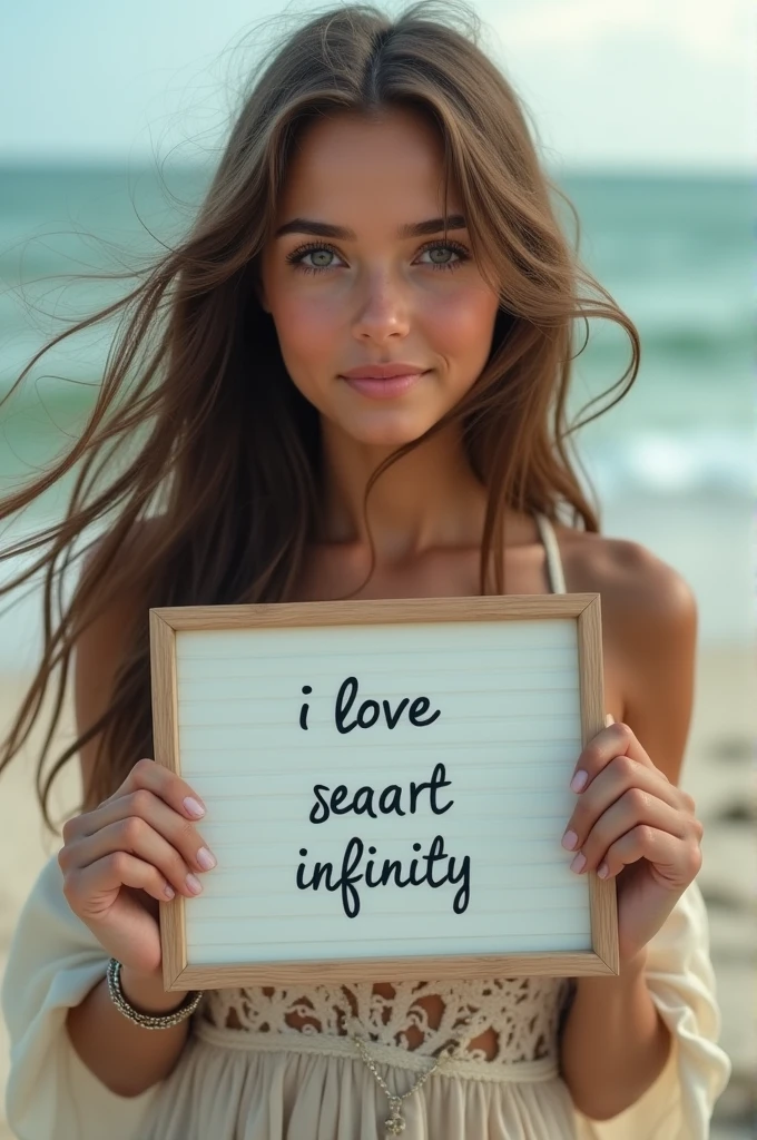 Beautiful girl with wavy long hair, bohemian dress, holding a white board with text "I Love Seaart Infinity" and showing it to the viewer