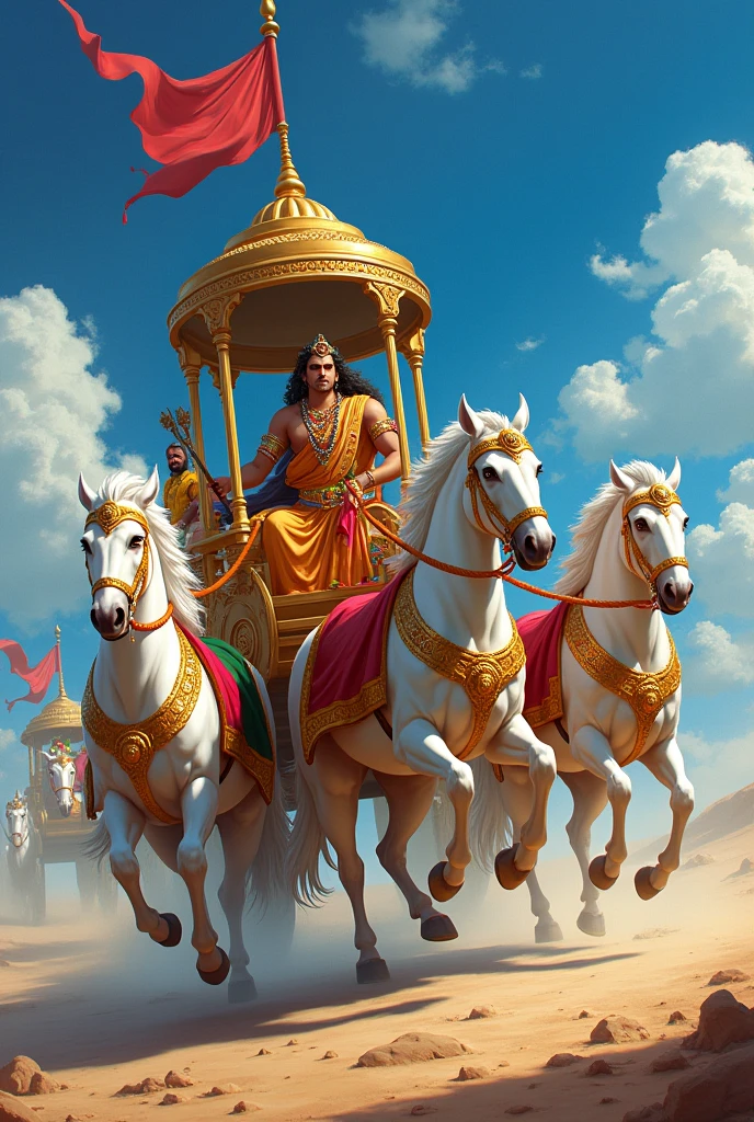 A dynamic painting depicting a scene from the Indian epic Mahabharata, featuring two central figures riding a golden chariot. The chariot is adorned with intricate golden embellishments, including elaborate designs on its sides, an ornate canopy with a central dome, and a vibrant red flag flying atop it. Four white horses with golden harnesses, red and green decorations, and flowing manes are pulling the chariot, their muscular legs raised in mid-stride, creating a sense of powerful motion. The driver, positioned on the left, wears a golden armor with a red and blue dhoti, holding a bow in his right hand. Beside him sitsKrishna, dressed in a rich golden robe with intricate designs, adorned with floral garlands and a decorative crown, holding a wooden whip in his right hand. Both figures have serene yet determined expressions. The background showcases a dramatic sky filled with vibrant blue hues and scattered white clouds, creating a stark contrast to the bright colors of the chariot and its occupants. In the distance, another similar chariot can be seen, adding depth to the scene. The lighting is bright and even, emphasizing the vivid colors and details, while casting soft shadows on the ground, enhancing the three-dimensional quality of the illustration. The overall composition is balanced and dynamic, capturing the grandeur and intensity of this significant moment in the story, with high contrast and saturation enhancing the visual impact and creating a majestic, ethereal atmosphere. Realism Break (masterpiece:1.2), (highest quality), 4K, Super detailed, (Dynamic configuration:1.4), Very detailed, Colorful details,( Rainbow-colored:1.2), (Shining Lights, Atmospheric lighting), dream-like, Magic, (alone:1.2),