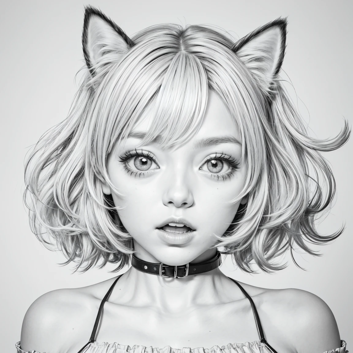(8k, RAW Photos,Highest quality, High resolution:1.1), a boy,detailed anime dog, easytoon, greyscale, lineart, bust shot, Facing the lens, focus on face, chibi, ambiguous gender, little, very short hair, curly hair, big forhead, absurdly long hair, cute anime faces, ^ ^, shining eyes, cat ears, Slightly open mouth, bare shoulders,