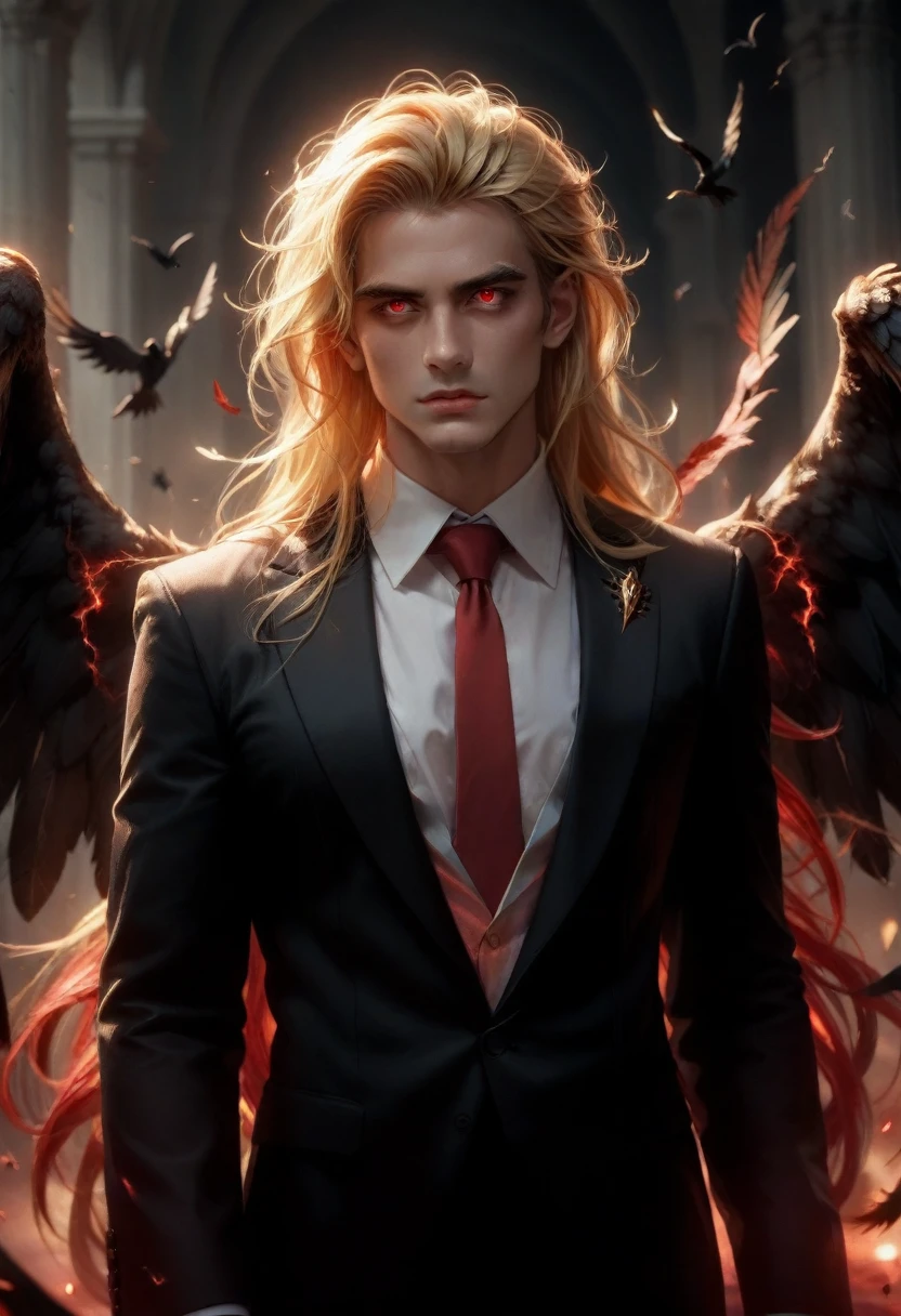 Only 1 man, Very handsome man, golden hair with long hair style, red eyes, wear black suit and black wings, vampire vibes