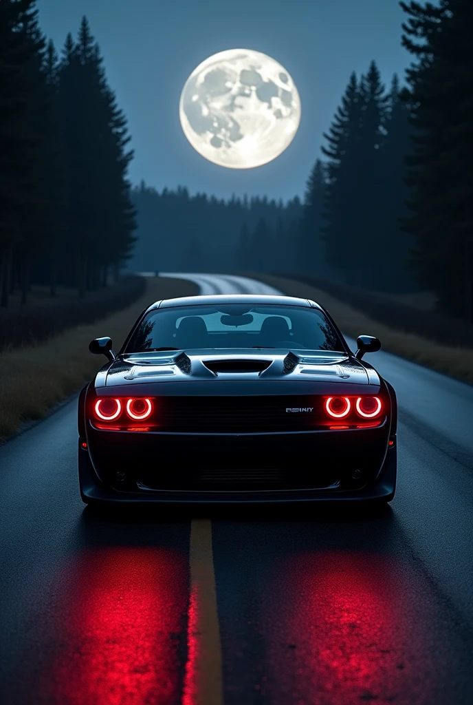 Dodge challenger srt demon with red headlights at night