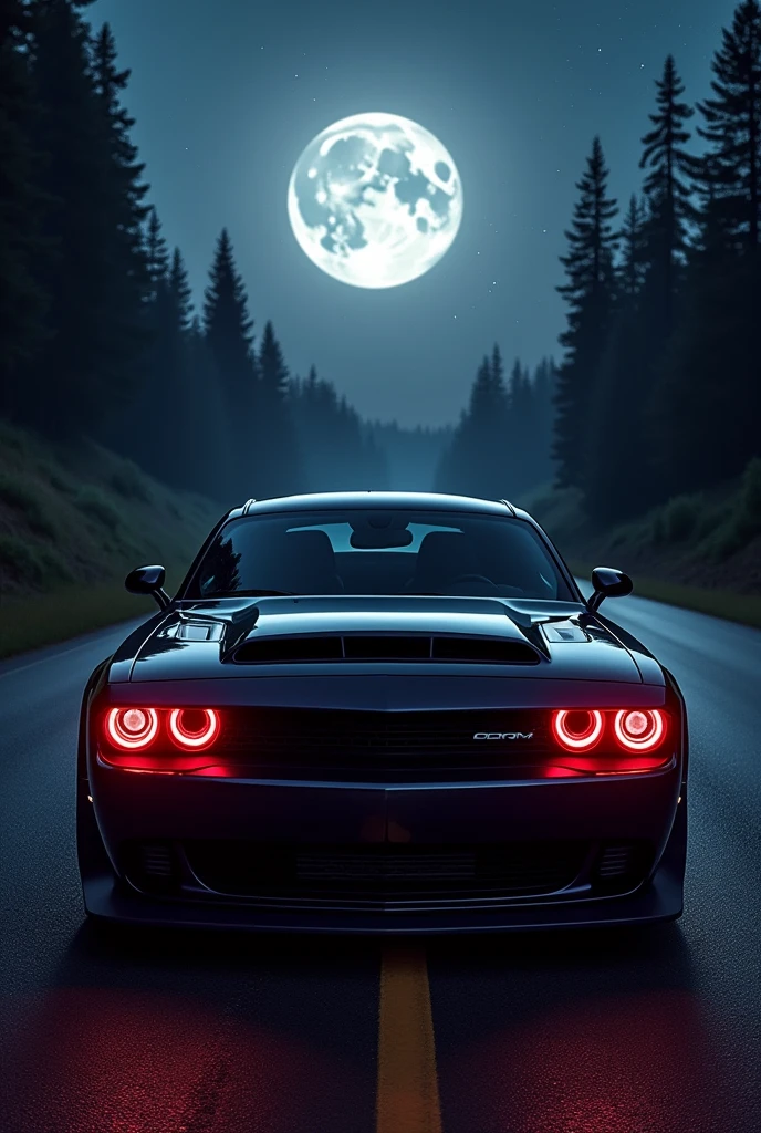 Dodge challenger srt demon with red headlights at night