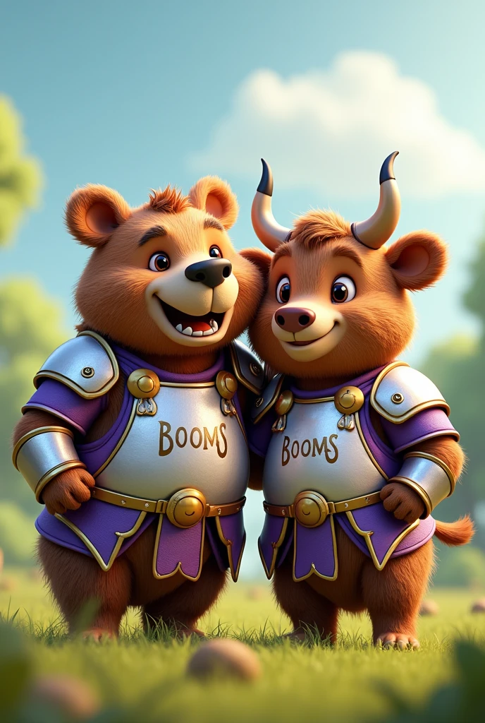 A generate image of a bear and bull are together very armor they are friends fighting in the field and taking their picture and a whiteish purple armor and reddish purple. The armor was written booms. They are smiling and more friendly and cute bear and bull