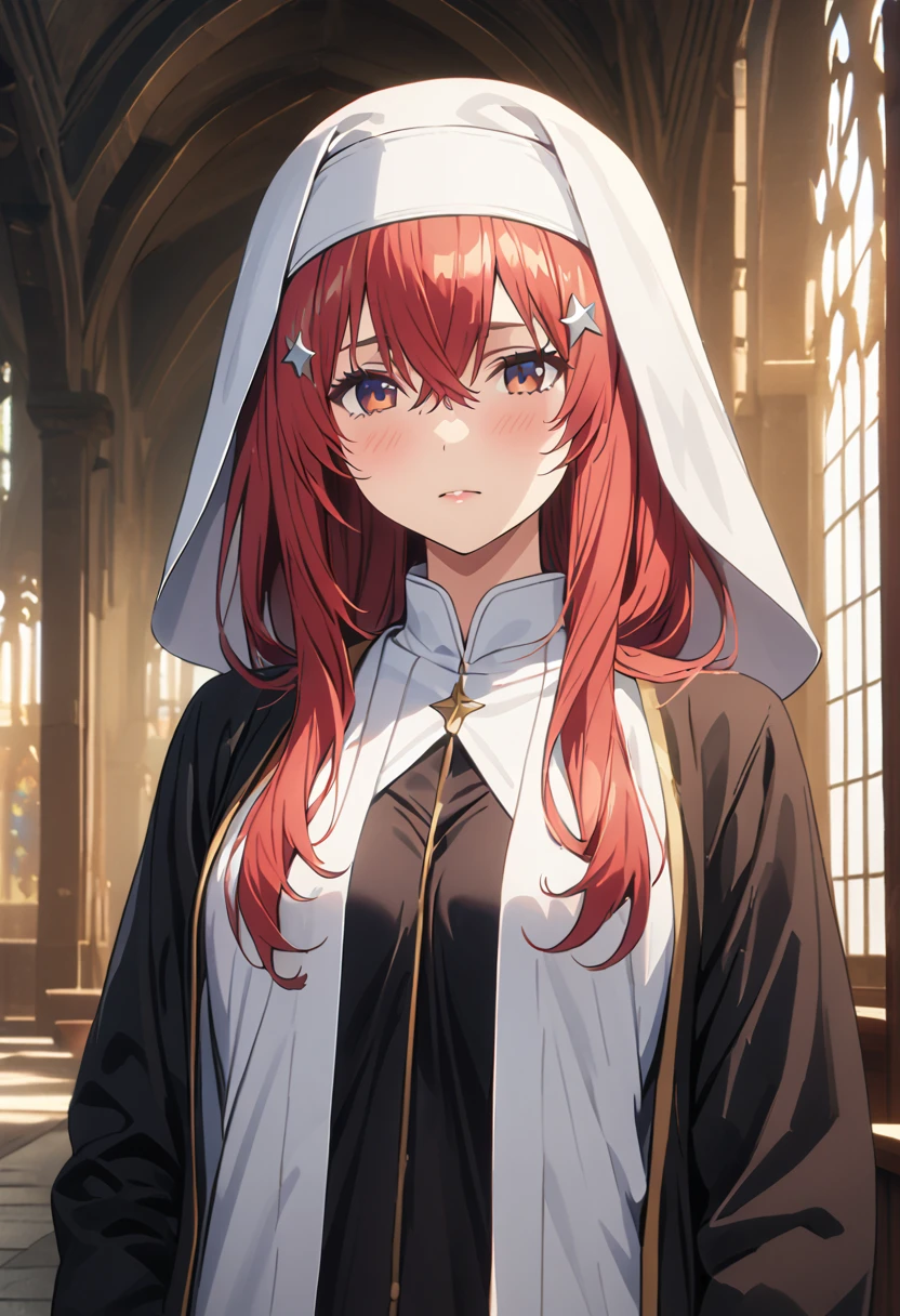 (Highest quality、4K、8k、High resolution、masterpiece:1.2)、Very detailed、Picturesque、Animated Photography、Photo Animation:1.37)、ancient church, stained glass、nun、crossed bangs、Japanese women、looking away、open clothes, show off bra、red hair、long hair、stars ornament、Nakano May