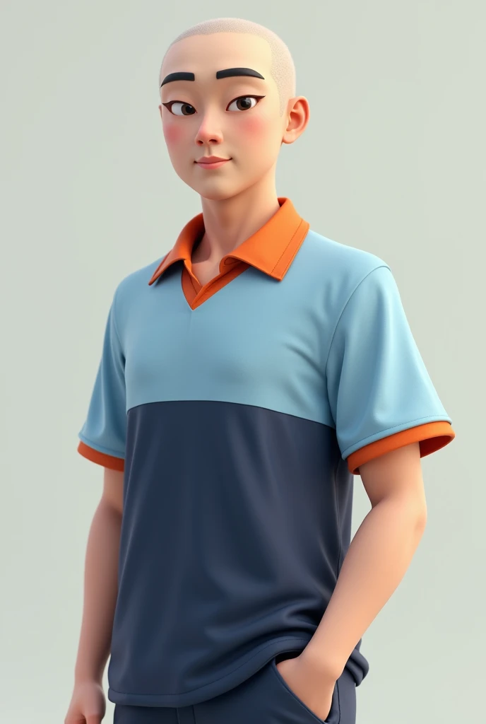 has slightly bald hair, a slightly aquiline nose, slightly white skin and is 164cm tall, wearing a vocational school uniform with a light blue and dark blue top and orange collar, realistic 3d male genitals and an Asian man, there is a small mole near the side of the lips and nose, the pose is facing forward