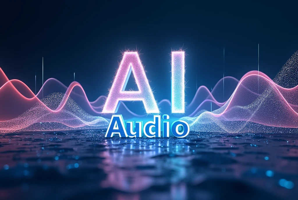 Poster font，The word &quot;AI Audio&quot; is floating in the air，Sound wave graphics，front，Luminescence