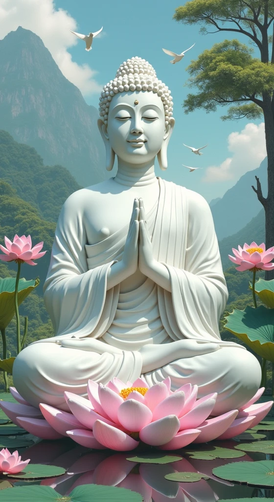 (Masterpiece),(Best quality),(Ultra-detailed), (Body:1.2), 1 Buddha statue, floating in a powerful zen state, with lotus flowers, White skin, Amitayus, sitting on a lotus flower, Chant the Buddha's name with both hands, temples, wearing an outfit, White skin, face round, kind, gentle, look, Mountains, green trees, Cherry blossoms, forest, Birds, Clouds, dew, En plein air, Bright, fresh, Green, White skin, (Beautiful detailed face), (Eyes closed), (surrealism),
