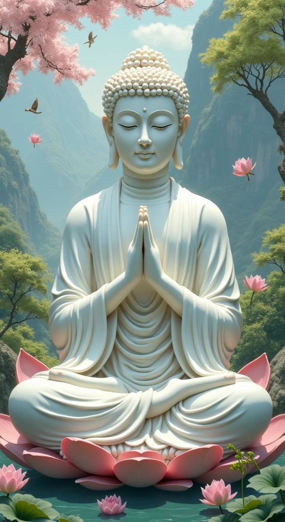 (Masterpiece),(Best quality),(Ultra-detailed), (Body:1.2), 1 Buddha statue, floating in a powerful zen state, with lotus flowers, White skin, Amitayus, sitting on a lotus flower, Chant the Buddha's name with both hands, temples, wearing an outfit, White skin, face round, kind, gentle, look, Mountains, green trees, Cherry blossoms, forest, Birds, Clouds, dew, En plein air, Bright, fresh, Green, White skin, (Beautiful detailed face), (Eyes closed), (surrealism),