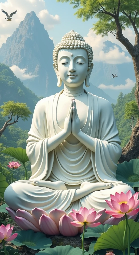 (Masterpiece),(Best quality),(Ultra-detailed), (Body:1.2), 1 Buddha statue, floating in a powerful zen state, with lotus flowers, White skin, Amitayus, sitting on a lotus flower, Chant the Buddha's name with both hands, temples, wearing an outfit, White skin, face round, kind, gentle, look, Mountains, green trees, Cherry blossoms, forest, Birds, Clouds, dew, En plein air, Bright, fresh, Green, White skin, (Beautiful detailed face), (Eyes closed), (surrealism),