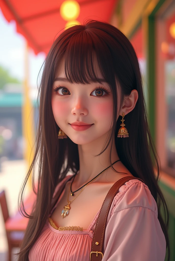 “Generate a portrait of a young Japanese woman with a warm and cheerful aura. She has straight, dark brown hair with bangs that frame her face. Her eyes are round and friendly, with a bright, engaging smile that reflects her positive and upbeat personality. The setting is lively and colorful, reflecting her vibrant and energetic presence. She wears a cute, fashionable outfit with playful elements like layered accessories and subtle pastel tones, giving her a charming yet approachable idol look.”