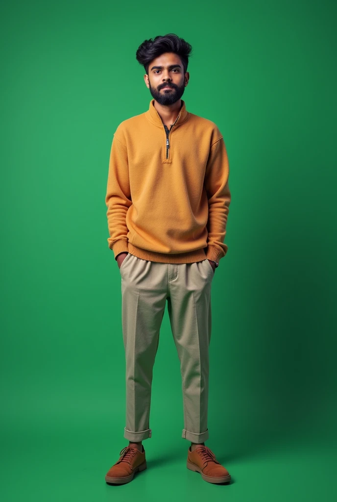 A 1 indian boy with Little beared. Wearing modern outfit. Image must be realistic. Background in in green screen. Stand in straight position and whole face is clearly visible. Hair and beard is in black color. Don't show his lags only upper body .