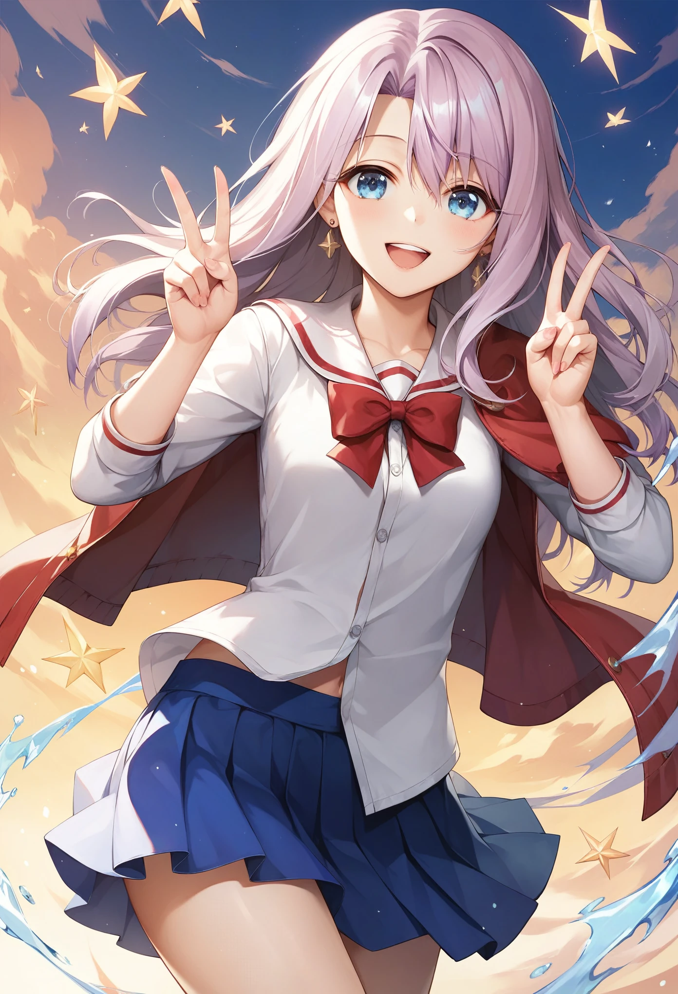 score_9, score_8_up, score_7_up, (masterpiece, best quality, very aesthetic, ultra detailed), intricate details, 1girl, illyasviel von einzbern, fate \(series\), purple hair, blue eyes, smiling, skirt, double v, smile,