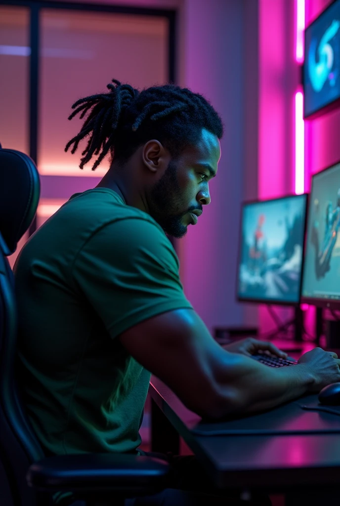 African American man with dreads with athletic build playing video games in his man cave at night at his desk while streaming. Wearing an olive green tshirt. Camera angle is from behind him, looking over his shoulder. He is looking at the monitor as he plays. Room is dark and illuminated by his monitor and rgb lights.