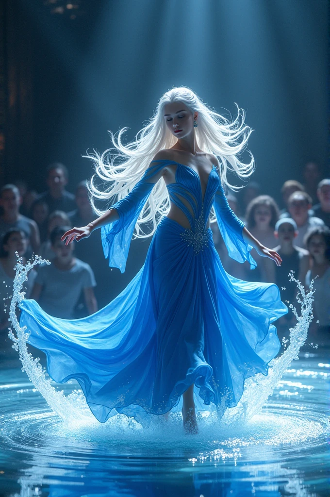 Create an image of a water element girl with white hair and a royal blue outfit, performing an elegant dance on stage. The stage is surrounded by swirling water, which forms beautiful patterns as she moves. The audience is captivated by her graceful movements and the magical water effects that accompany her performance