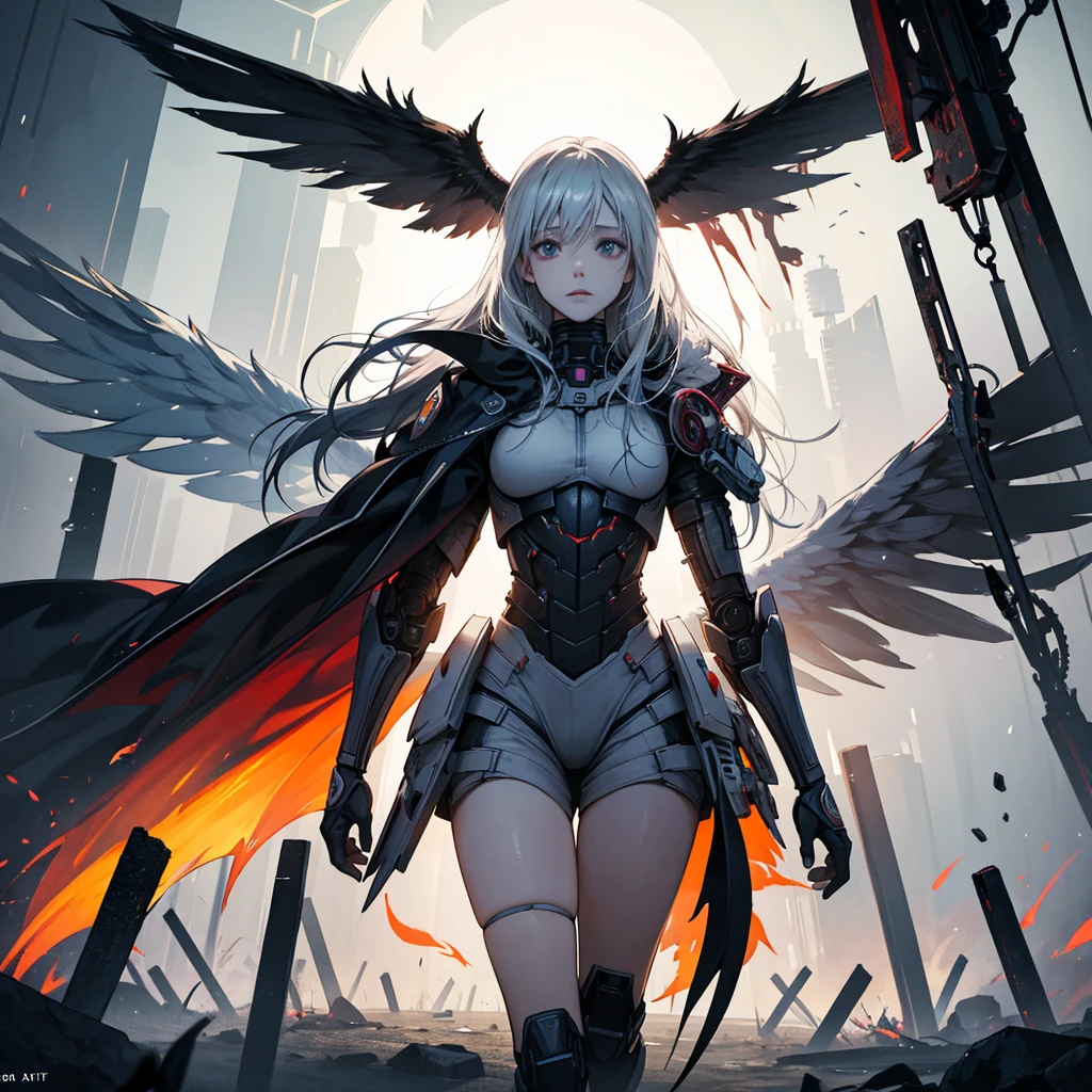 female mecha wings of angel, in black armor, in a destroyed city, the night, with an eclipse in the background