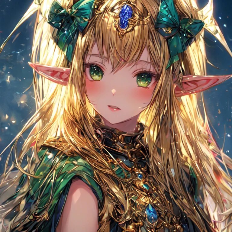 Beautiful elf lolka with two small horns, long golden hair, and green eyes, medium breasted, and UHD staff, textured skin, super detail, high details, high quality,
