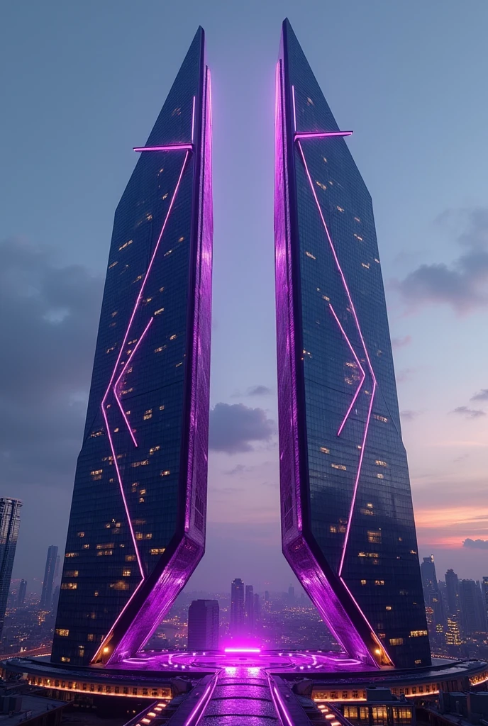 Ultra sleek futuristic  Avengers towers, incorporating dark tint and purple neon light designs