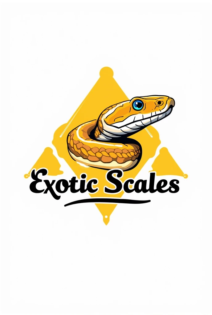 Create a white background logo for a snake farm using the face of a yellow and white python with the basic elements of a python&#39;s face looking out to the horizon, The logo must have bright colors and an allusion to Freemasonry. The python snake must be characteristic and below the logo put the name. " Exotic scales" Create a bold and eye-catching logo