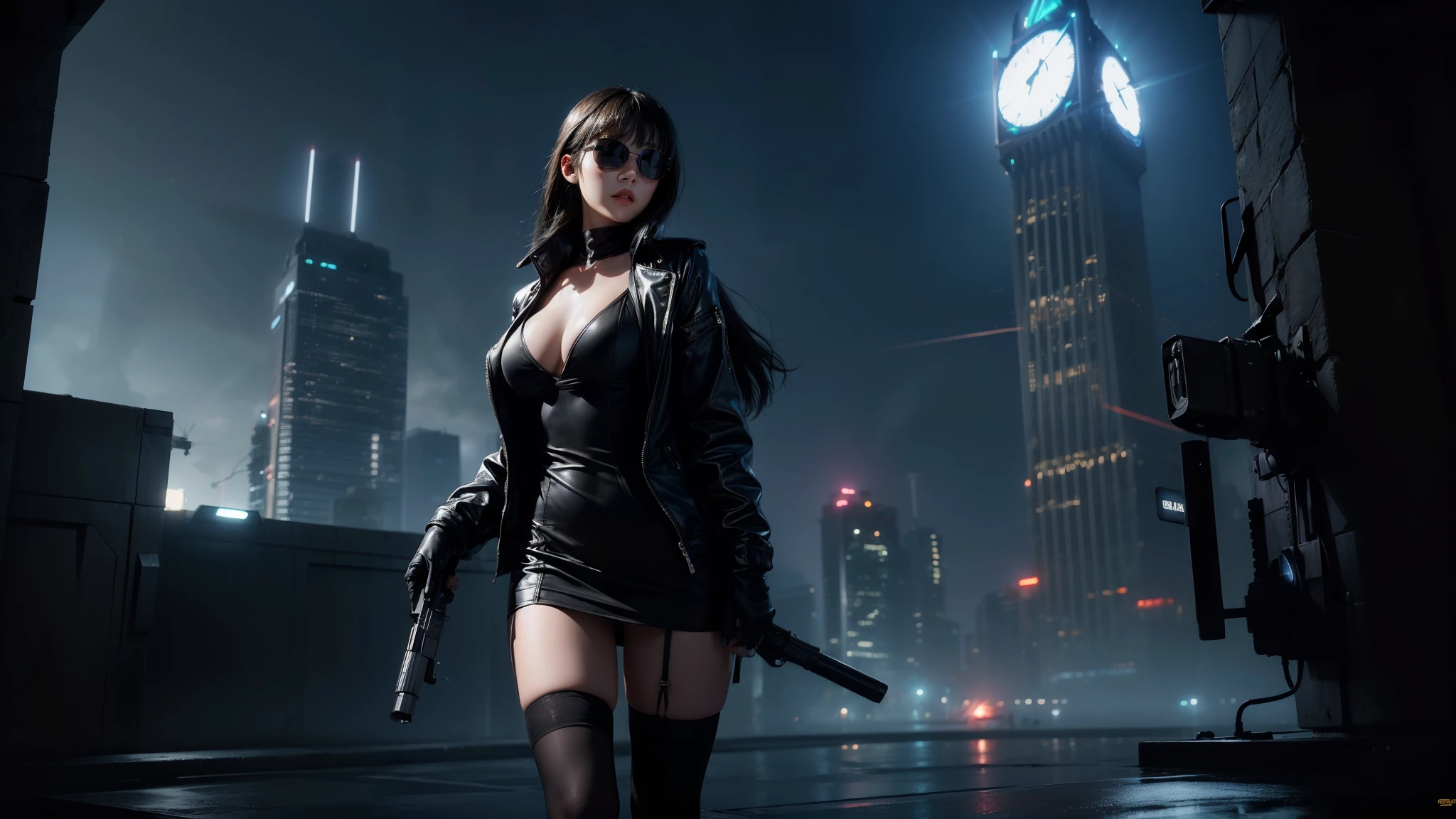 (Wide angle view). Blade Runner style futuristic city, simple outlined neon tall buildings, glowing giant clock tower, flying cars, helicopter, lightning, 3D rendering Beeple. At night, (1girl, solo, alone), photorealistic, medium-breast slim:0.6 body, oval:0.5 face, cleavage:1.1, sexy black laced bra, glove, deep-V, (very low angle view of miniskirt), white laced panty, coat, (Matrix style black micro sunglasses), ((aiming viewer with a short gun)), (running pose), (half-body thigh level close-up shot), cinematic lighting, ray tracing.