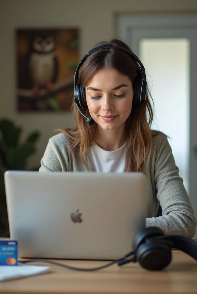 A young European woman is sitting at the table, There is a headset on the headset. There is a laptop and a bank card on the table. In the background is a painting of an owl. Home environment. Profile photo.
The photo has the inscription: “Have a wonderful day, colleagues!”