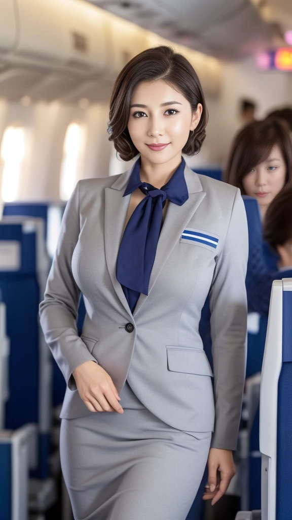 Tabletop, Highest quality, Realistic, Ultra-detailed, finely, High resolution, 8K Wallpaper, Mature Woman,(Beautiful Japanese flight attendants over 7:2.1)、(Full body shot on an airplane:1.5)、(Standing in the aisle of an airplane:1.5)、(A grey suit and skirt over a light blue shirt:2.5)、(Flight attendant uniform:1.3)(Hair tied back in an updo:1.6)、(Fine lines around the eyes:2.9),(Super big breasts:1.6)(Saggy big breasts:1.3),(Old face:2.8)、(Voluptuous figure:1.2),Sharp focus, Perfect dynamic composition, Beautiful and fine details, Fine hair, Detailed and realistic skin texture, smile, Close-up portrait,