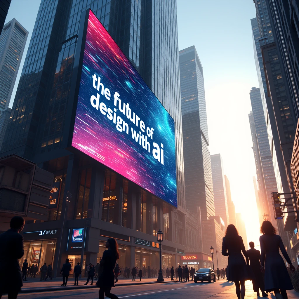A hyper-realistic photo of a close-up view of a large, vibrant digital billboard mounted on a futuristic skyscraper. The billboard displays "THE FUTURE OF DESIGN WITH AI" in bold, modern typography. The text is surrounded by dynamic, colorful graphics that suggest AI and design elements. The scene is set in a bright, sunlit futuristic cityscape with sleek, glass-covered buildings visible in the background. The lighting is warm and inviting, with sunlight reflecting off the surrounding buildings and the billboard itself emitting a soft glow. People on the street below are visible, some looking up at the billboard in awe. The overall atmosphere is optimistic and exciting, conveying a sense of technological progress and innovation.