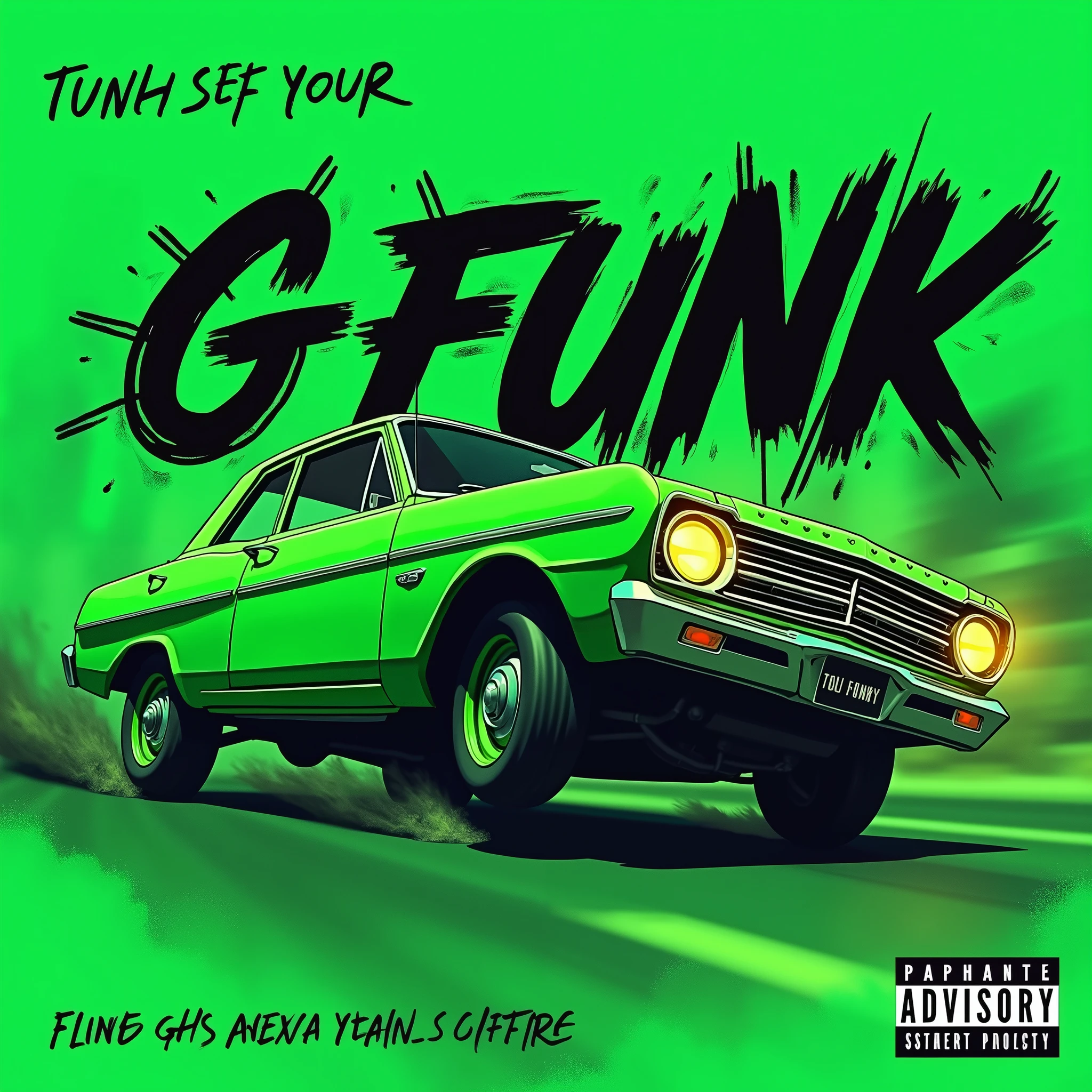 
colored album art, hip hop music album cover, rap album cover, green car, Write G FUNK, Write like you&#39;re spraying paint, Lift the front wheels of the car, running car, Make the street look blurry

