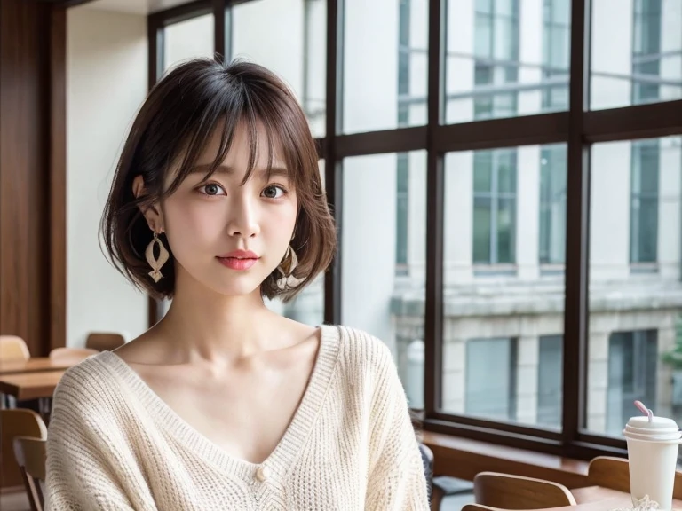 8k, masterpiece, RAW Photos, Highest quality, Realistic, extremely detailed CG unity 8k wallpaper, Cinematic Light, Lens flare, Ray Tracing, (Very beautiful face, Beautiful Lips, Beautiful Eyes, Big eyes), ((Highly detailed skin)) 1 person, Deep Shadow, Beautiful Japanese Woman, 1 person, (Very slim, Toned, muscular body:1.2),Serious expression, (morning, (Blurred Background), Pale Light),indoor, (No people in the background:1.3), Beautiful earrings, bracelet, necklace, Clear Eyes, iris, Inside the cafe,Drink coffee,Looking out the window, Full Body Shot,Knitted cardigans