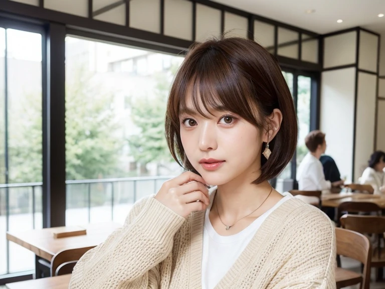 8k, masterpiece, RAW Photos, Highest quality, Realistic, extremely detailed CG unity 8k wallpaper, Cinematic Light, Lens flare, Ray Tracing, (Very beautiful face, Beautiful Lips, Beautiful Eyes, Big eyes), ((Highly detailed skin)) 1 person, Deep Shadow, Beautiful Japanese Woman, 1 person, (Very slim, Toned, muscular body:1.2),Serious expression, (morning, (Blurred Background), Pale Light),indoor, (No people in the background:1.3), Beautiful earrings, bracelet, necklace, Clear Eyes, iris, Inside the cafe,Drink coffee,Looking out the window, Full Body Shot,Knitted cardigans