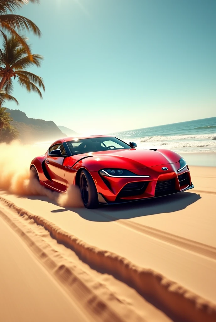 Red car by drifting at in beach 