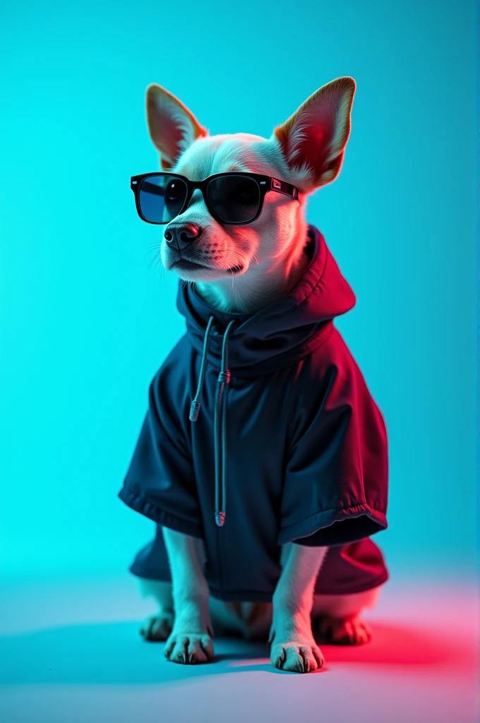 The best cell phone wallpaper, Award-Winning Wallpaper, portrait photography, In the front view is a portrait of a cute dog wearing mid-1960s space age fashion, Side view photo, Shot with Canon EOS R5, Set a strong contrast that accentuates the subject, Fluorescent blue tone, Wearing a very modern coat and sunglasses is a modern 1960s style, Clothes all in one color, beautiful background