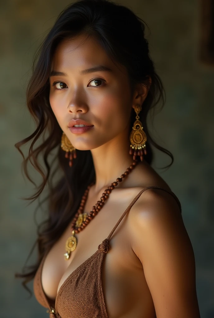 A Thai woman in her twenties wearing an old brown bikini, wearing simple traditional jewelry, large breasts, obvious cleavage, detailed face. seductive pose