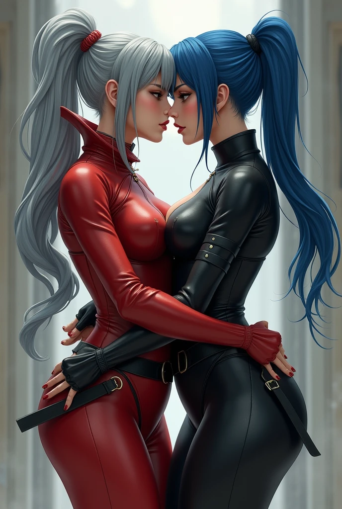 Grey haired teenage woman with red eyes with curvy waist and big thighs and big butt in sexy ninja clothes kissing passionately with blue haired mature woman with ponytail with curvy waist and big thighs and big butt and big breasts in sexy military clothes