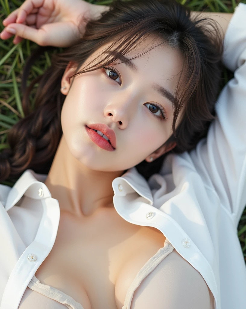 (A young woman lies on her back in a shirt in an outdoor grass field.。Slightly visible underwear)professional lighting,squat,Staring at the photographer,Close-up of a young woman with braided hair, White shirt open wide,rift,under bust,cute young woman, Young and cute Korean face, young asian girl, beautiful girl, full body
