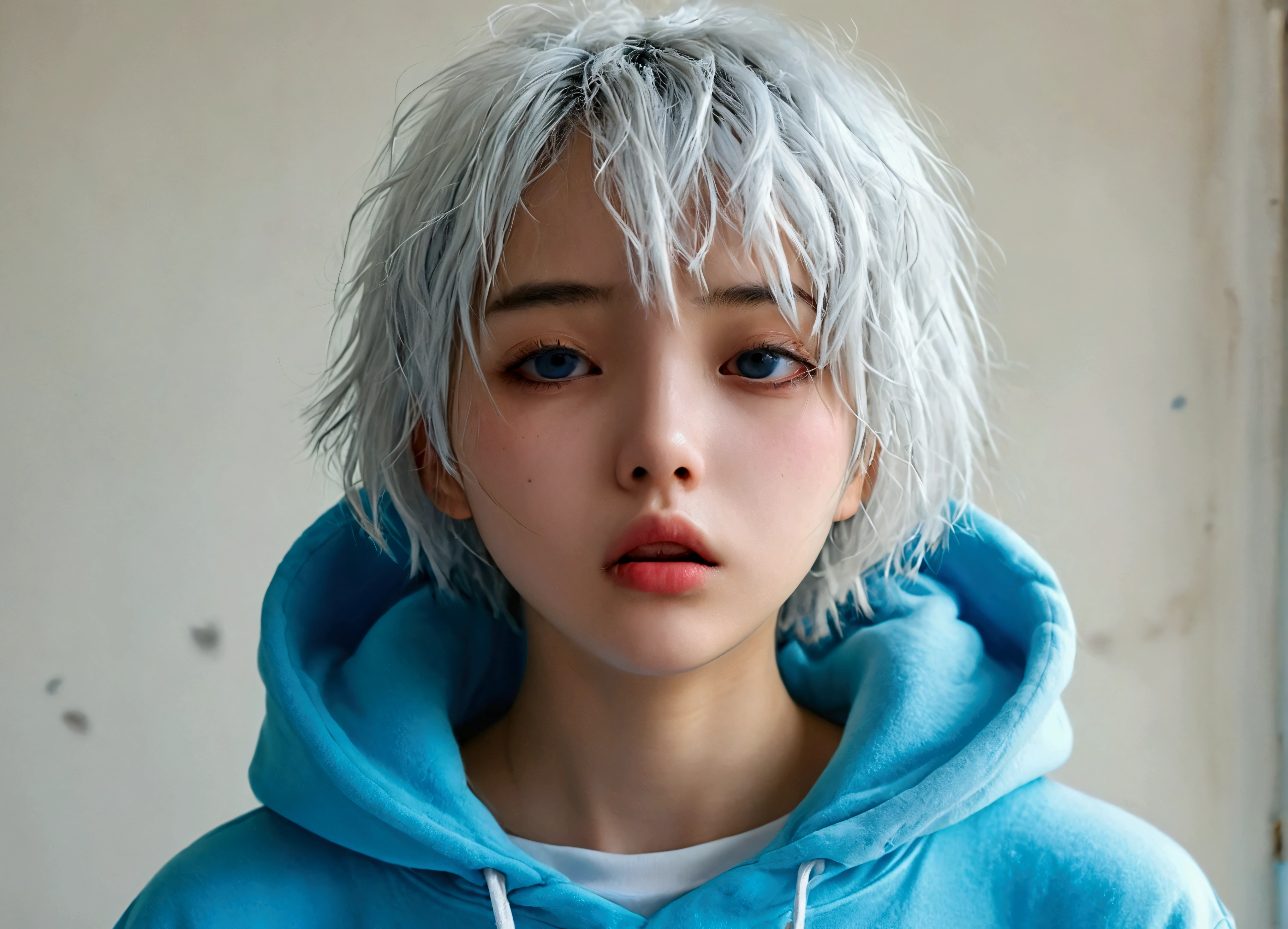 Wearing a blue hoodie、Depressed girl with short, unkempt bob hair、Pure white hair、Open your mouth、Hollow Eyes