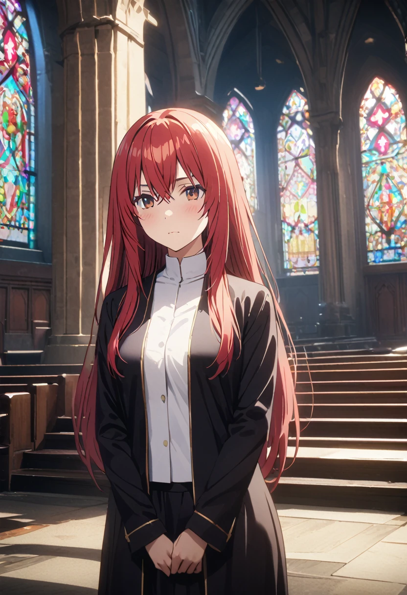 (Highest quality、4K、8k、High resolution、masterpiece:1.2)、Very detailed、Picturesque、Animated Photography、Photo Animation:1.37)、ancient church, stained glass、nun、crossed bangs、Japanese women、looking away、((open clothes)), show off bra、red hair、long hair、stars ornament、Nakano May