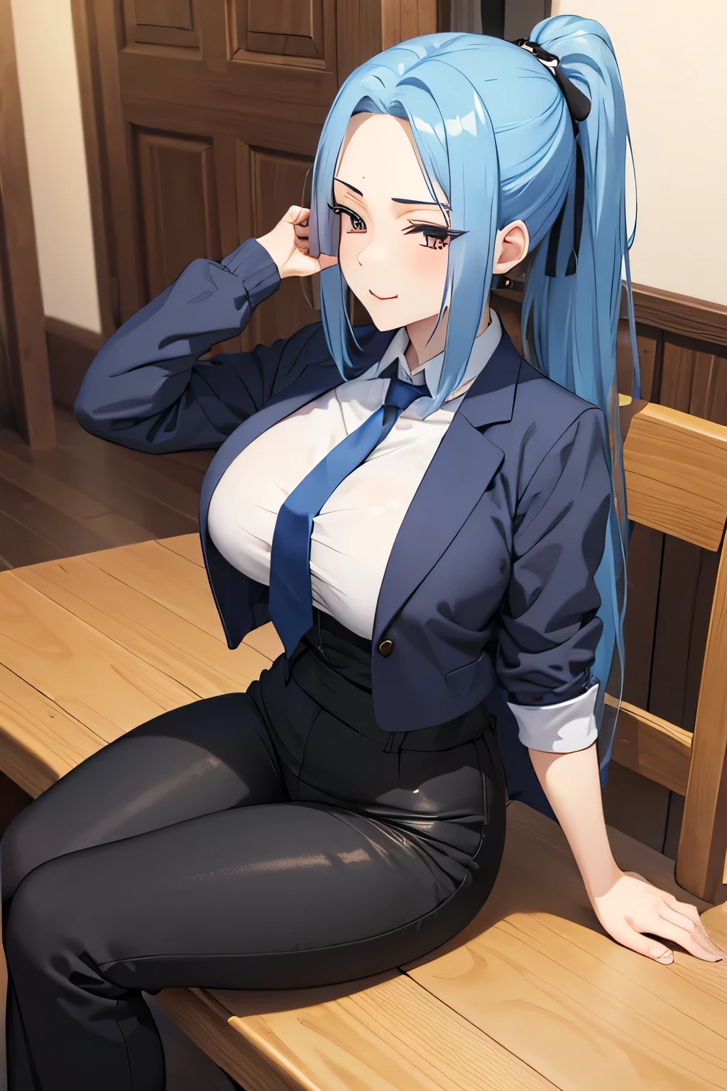 (masterpiece) (Highest quality) Meimei, skin-tight clothes, wavy bone structure, big breasts, blue tie, blue hair, black clothes, black pants, ponytail, center part, sitting in a chair, legs crossed, older sister, 2, sadistic face, sexy body visible through clothes, tongue sticking out, panting face, sexy face, face giving a blowjob, plump thighs, wearing long pants 