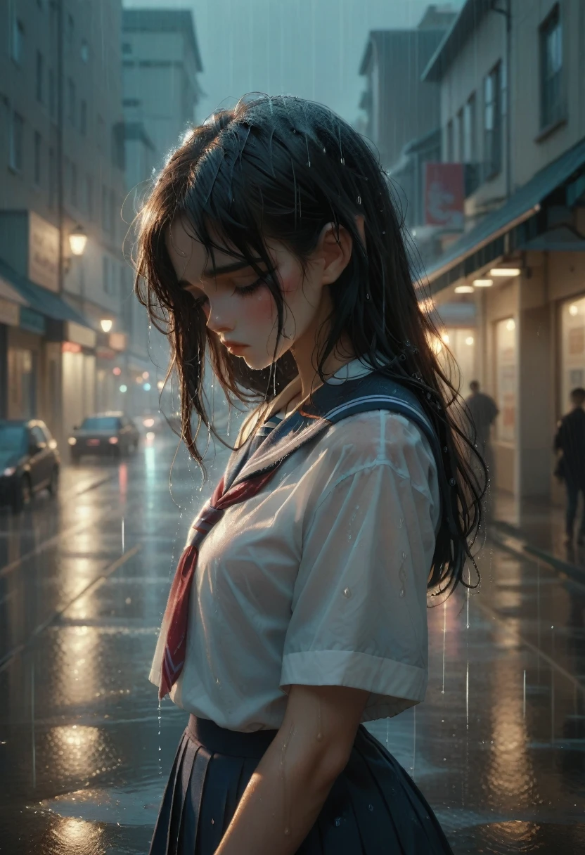 1girl, long black hair,schoolgirl uniform, shy, blush, wet, rain, transparent, (masterpiece, best quality), soft light, cinematic composition, cinematic light