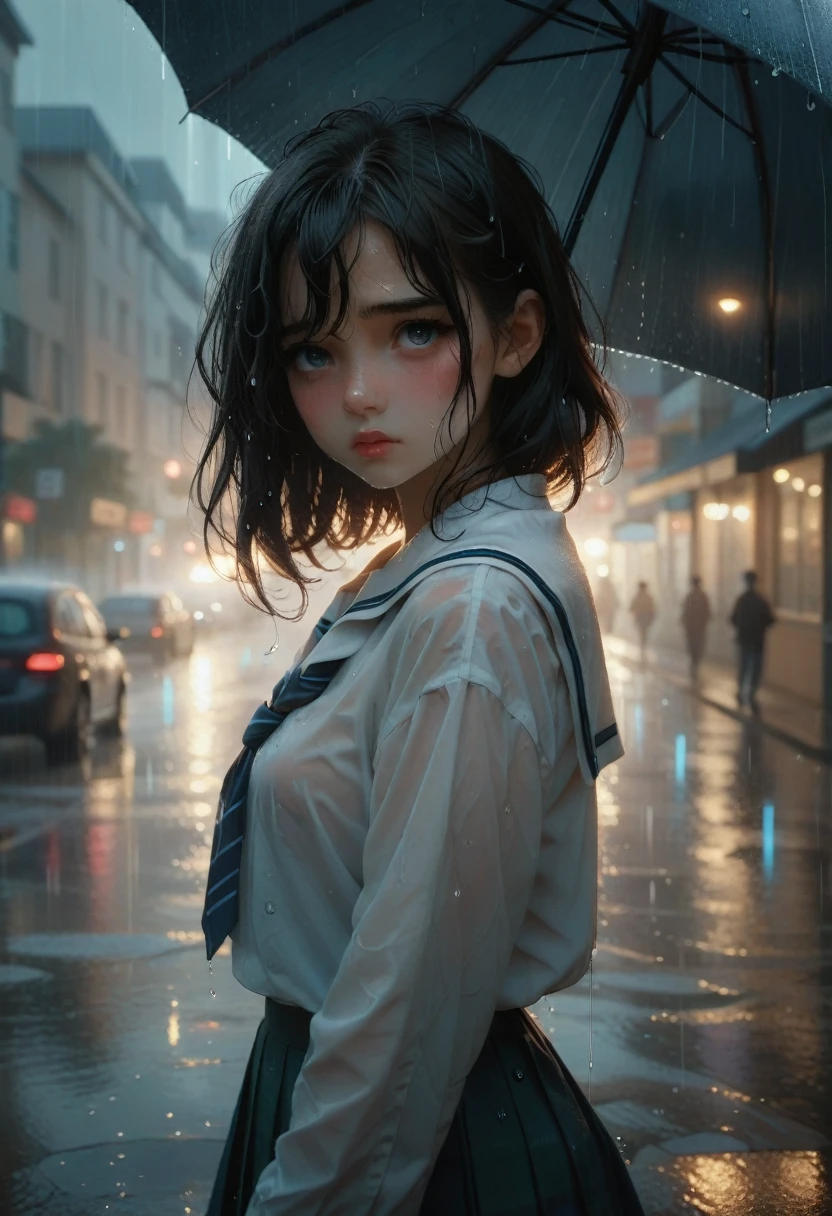 1girl, long black hair,schoolgirl uniform, shy, blush, wet, rain, transparent, (masterpiece, best quality), soft light, cinematic composition, cinematic light