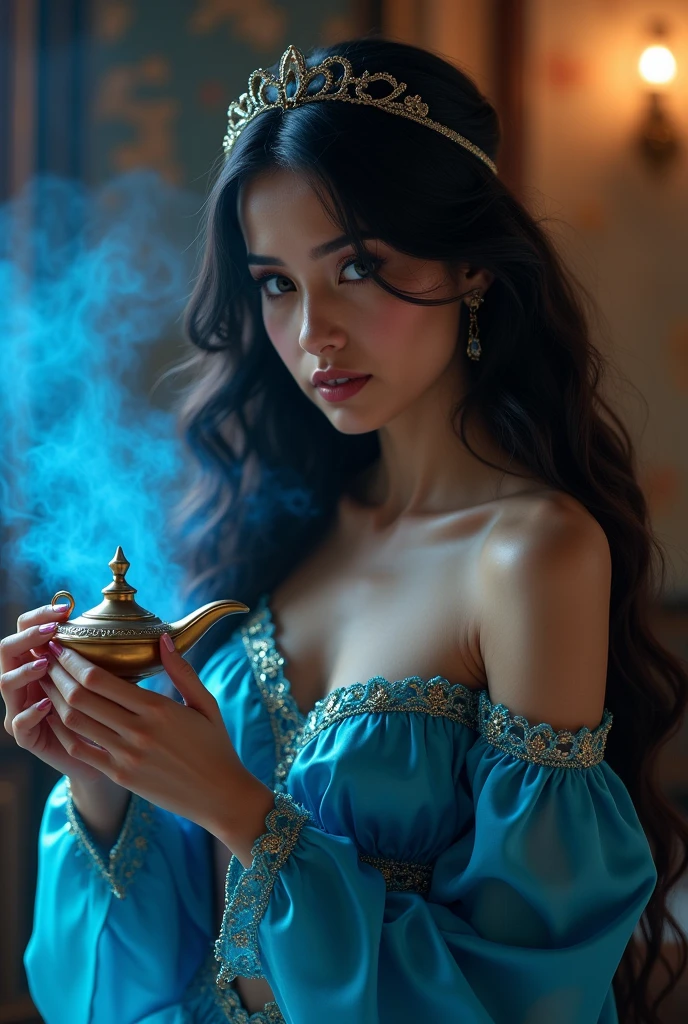 ultra realistic, photography, long black straight hair, elegant hair, (30 years old, hazel eyes, hourglass figure, perfect fit body, natural big breasts), femme fatale, revealing blue Princess jasmine costume, oriental background, holding the magic oil lamp from aladdin, rubbing the magic lamp of aladdin, blue smoke comes out at the front tip of the lamp