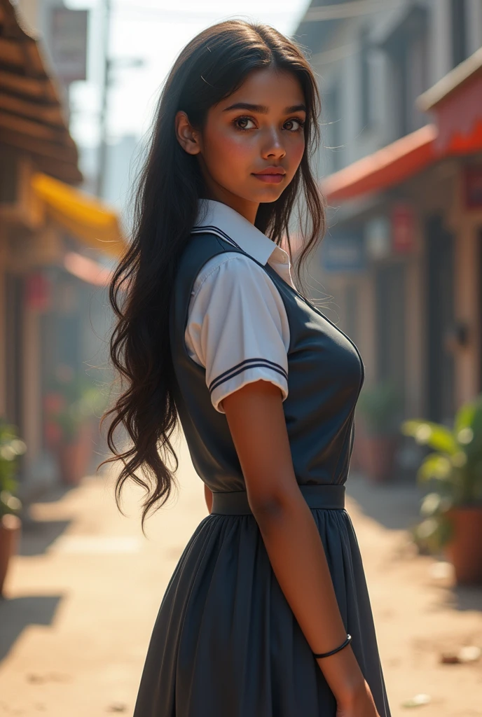 Beautiful ((White)) Indian girl, , in indian school uniform, realistic photo, large breasts , standing and looking back, indian street, detailed hands and face and eyes, looking away, full body, full body shot, 16k UHD