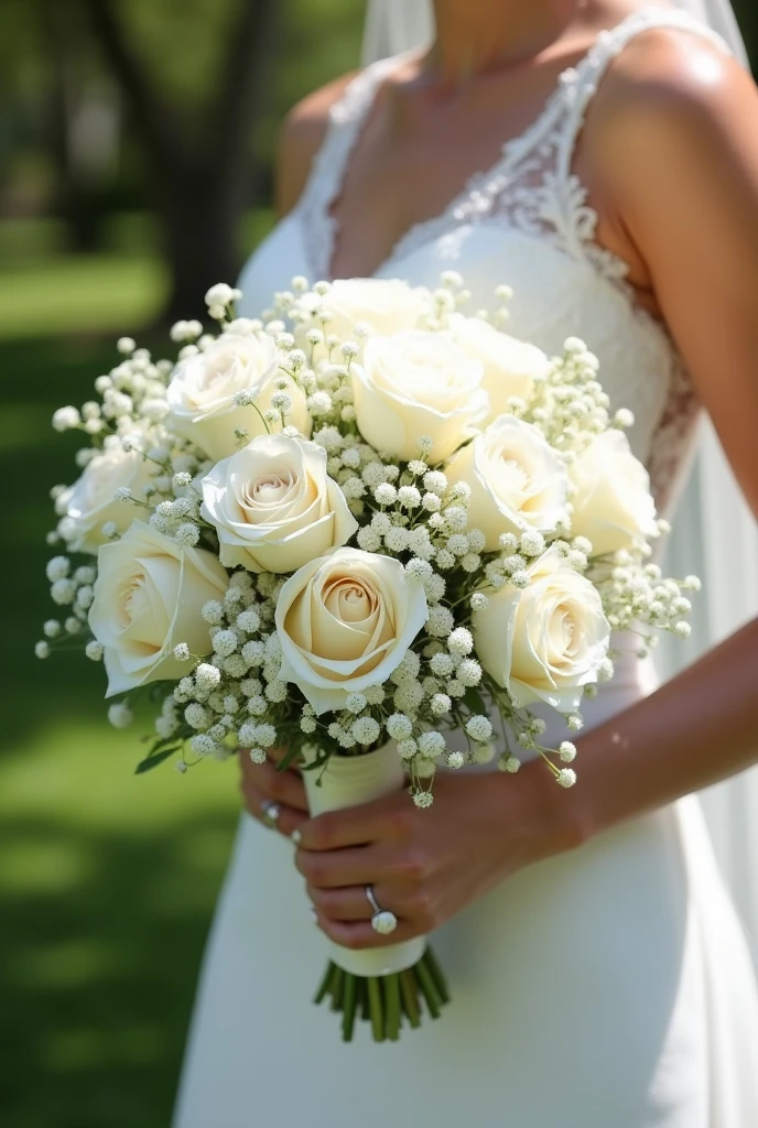 A bridal bouquet consists of white roses and babybreath. But not that much of baby breath just an ample amount to make the bouquet looks prettier 
