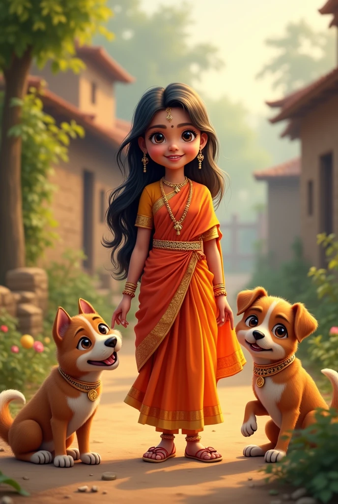 A cute girl image she is living in the rural area of village and wearing a traditional cloths of old indian cultural festival girl has a cute pet of dog her brother going to playing a beautiful mother