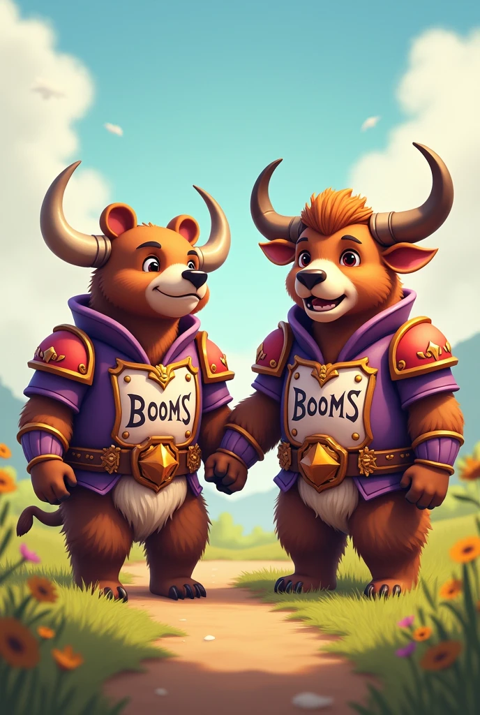 A generate image of a bear and bull are together very armor they are friends fighting in the field and taking their picture and a whiteish purple armor and reddish purple. The armor was written booms. They are smiling normally and more friendly and cute bear and bull. They somehow looking each other