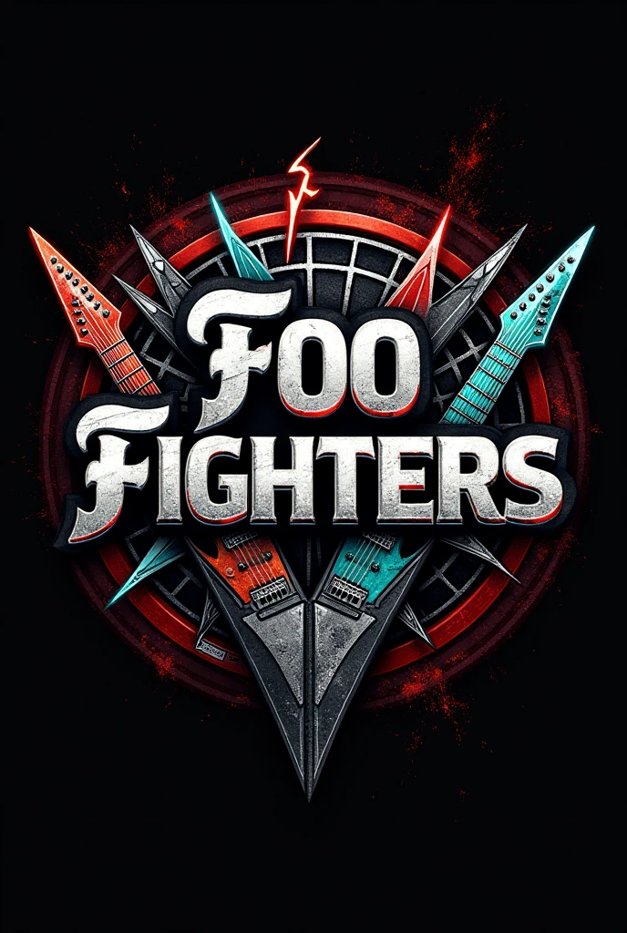 "Create an electrifying music band logo with the name 'Foo Fighters.' The design should be bold, embodying the raw energy and rebellious spirit of rock music. Use a combination of metallic textures and dark, intense colors like black, deep red, and silver, with vibrant accents in electric blue or neon green for a striking contrast. The font should be a strong, blocky typeface with a vintage, distressed feel, reminiscent of classic rock posters. Incorporate dynamic elements such as electric guitars, lightning bolts, and subtle flames, adding a sense of movement and intensity. Integrate a background design with abstract, swirling patterns or a grunge texture to amplify the edginess. Consider adding subtle 3D effects or shadowing to make the logo pop, giving it depth and a powerful presence. The overall look should be high-energy, rebellious, and visually striking, capturing the essence of rock and roll with a modern twist."